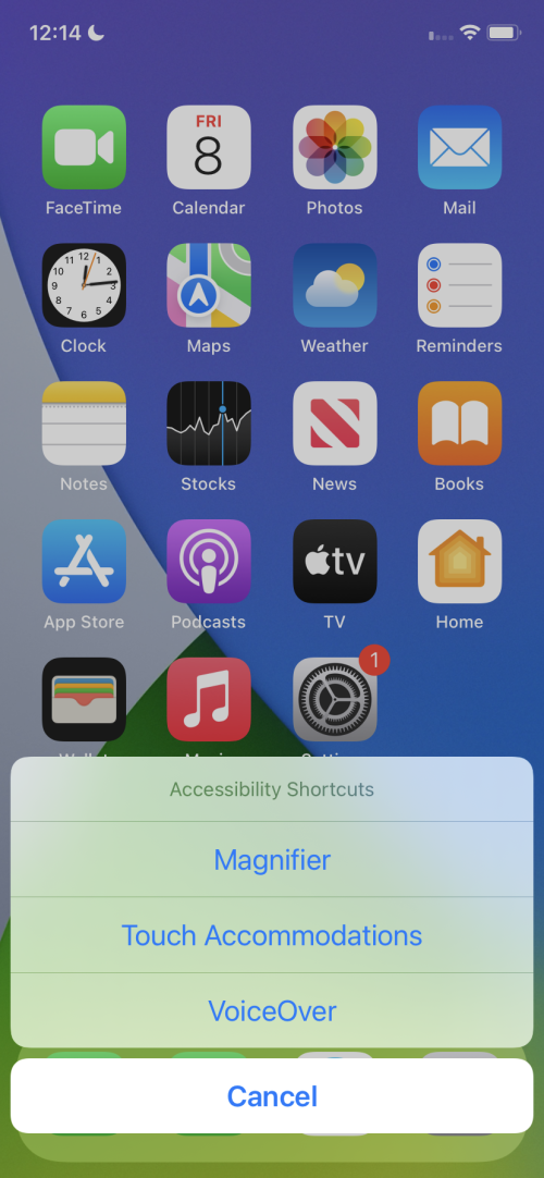 If you have more than one feature selected, the Accessibility Shortcut opens up a menu
